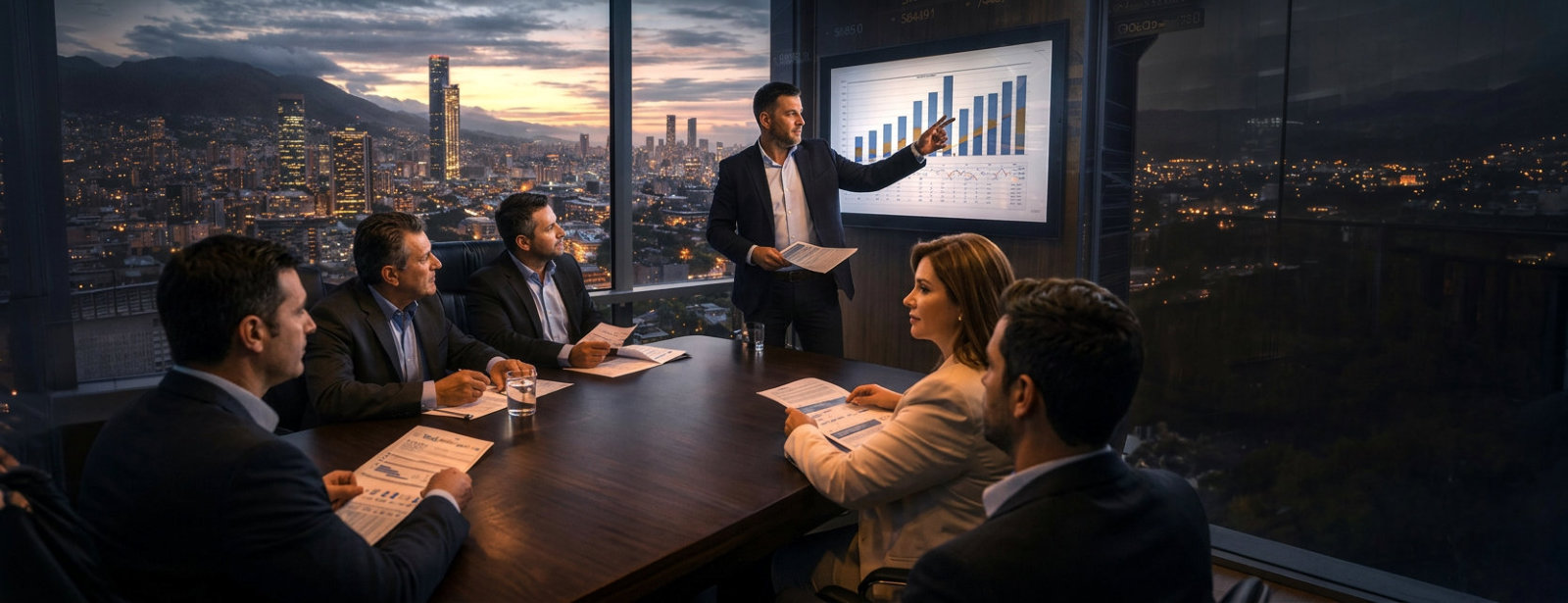 Junta directiva analizando modelo financiero con skyline de Bogotá